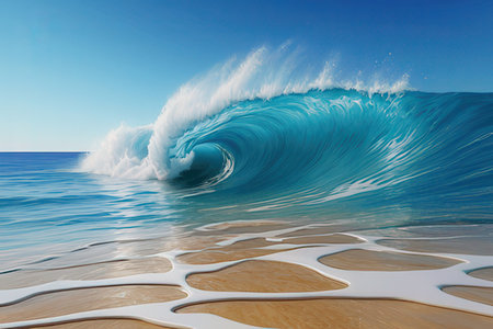 Blue ocean wave on the sandy beach. 3d render illustration.