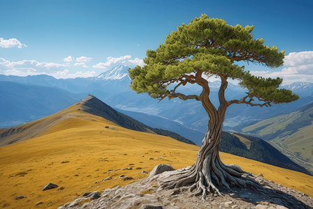 Pine tree on the top of a mountain. 3d rendering