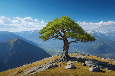 Pine tree on the top of mountain. 3D render.