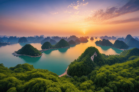 Beautiful sunset over Halong bay in Vietnam. Panoramic viewの写真素材