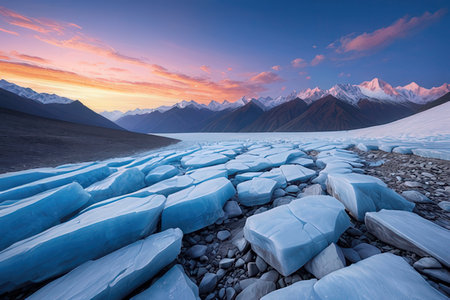 Glacier at sunset in the Himalayas, Annapurna Circuit, Nepalの写真素材