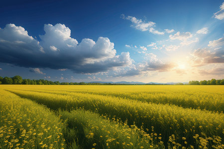 field of yellow flowers and blue sky with clouds. Nature composition.