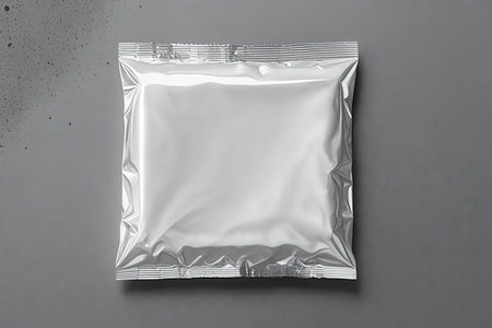 Blank aluminum foil sachet package isolated on gray background. 3d renderingの写真素材