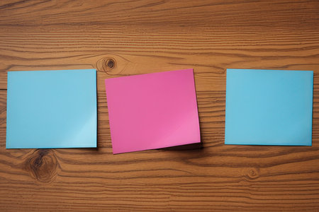 Colored sticky notes on a wooden background. Place for your text.