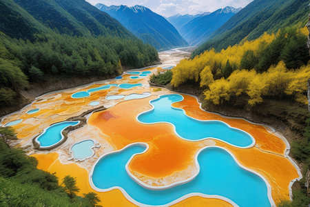 Aerial view of a lake with lakes and mountains in China.の写真素材