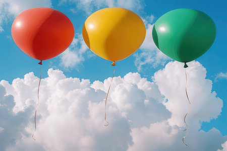 Colorful balloons flying in the blue sky with clouds - 3D render