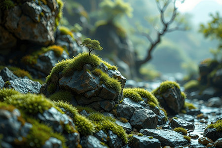 Green moss growing on stones in mountain stream. Nature background. Selective focus.の写真素材