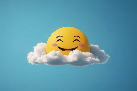 Smiling sun in the clouds on blue background. 3d renderingの写真素材