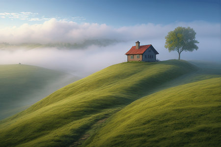 Lonely house on a hillside in the morning mist.の写真素材