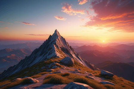 Beautiful landscape with mountains at sunset. 3d render illustration.の写真素材