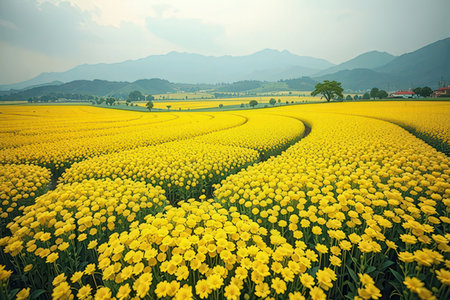 Yellow tulip field in spring season with blue sky and mountain background