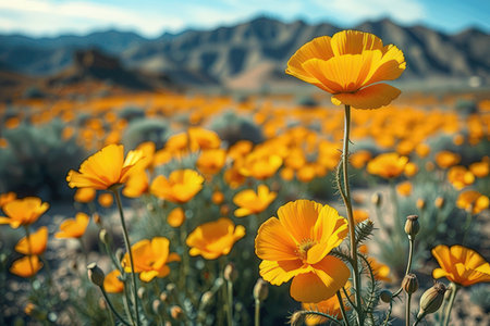 California Poppy Flowers in the Mojave Desert, California, USAの写真素材