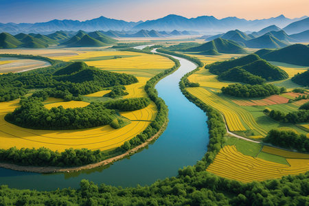 Aerial view of green meadow and river. Nature background.