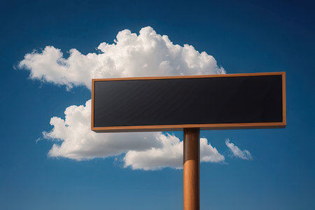 Blank black signboard on blue sky with white clouds background.の写真素材
