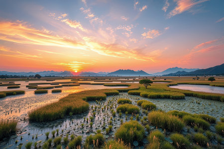 Beautiful sunset at the rice field in the countryside of Thailand.の写真素材
