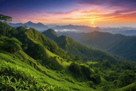 Mountain landscape at sunset. Beautiful nature scenery at sunset or sunrise.