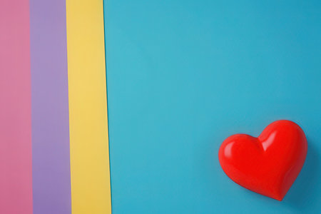Red heart on a blue and yellow background. The concept of love.の写真素材