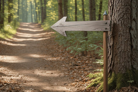 Wooden arrow sign in the forest. Horizontal image with copy spaceの写真素材