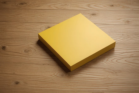 Blank yellow paper box on wooden background. 3d illustration.