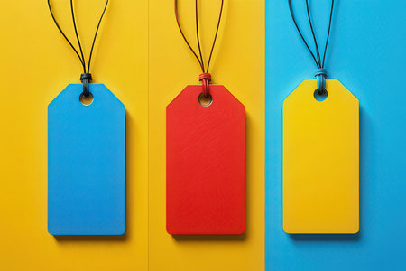 Blank price tags with string on yellow and blue background. Top view.の写真素材