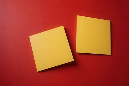 Blank yellow business cards on red background. Mockup for designの写真素材