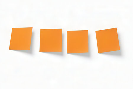 Four orange sticky notes on a white wall. 3d illustration.