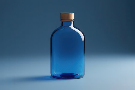 Glass bottle with blue liquid on a blue background. 3d renderingの写真素材