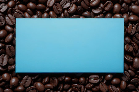 Coffee beans with blank blue paper card. Top view.の写真素材