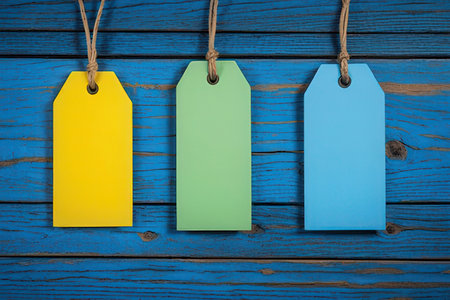 Colorful price tags hanging on blue wooden background. Top view.の写真素材