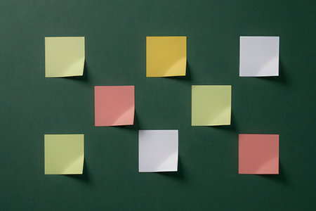 Sticky notes on a green background. Top view. Copy space.の写真素材