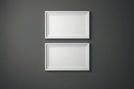 Blank white picture frames on gray wall. 3d render illustration
