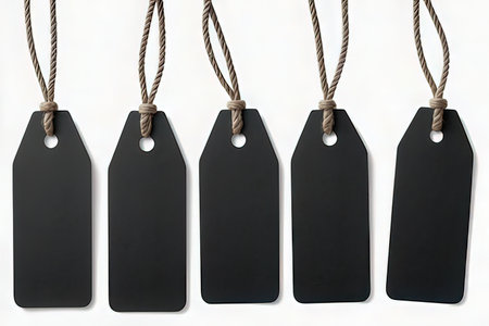Blank black price tags with rope isolated on a white background.の写真素材