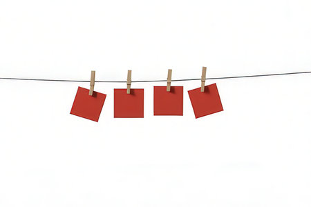 Blank red paper cards hanging on clothesline isolated on white backgroundの写真素材