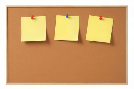 Three yellow sticky notes attached to a cork board, isolated on white