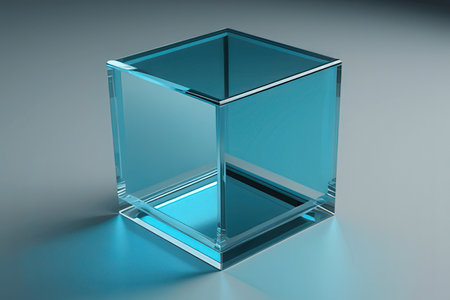 3d rendering of a blue glass cube on a gray background.