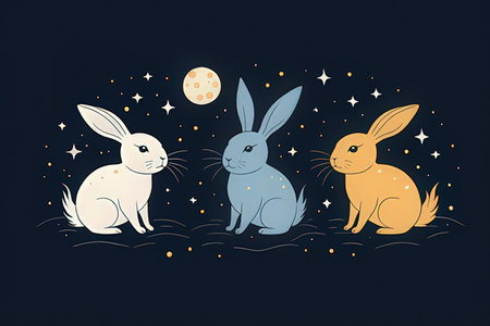 Vector illustration of a set of bunnies on a dark background.の写真素材
