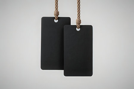 Blank black price tags hanging on rope. Mock up for design