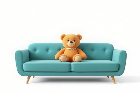 Teddy bear sitting on sofa isolated on white background. 3d illustrationの写真素材