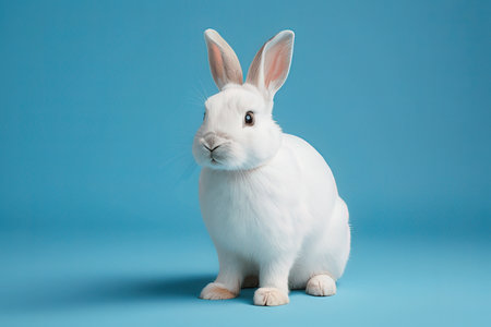 Cute white rabbit on blue background. Studio shot. Copy space.