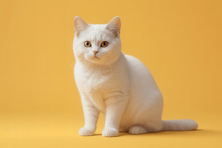 White cat on a yellow background. Kitten of the British breed.の写真素材