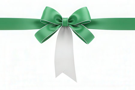 Green satin ribbon with bow on white background. 3d illustrationの写真素材
