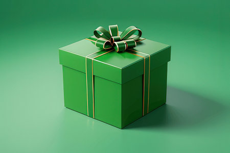 Green gift box with green bow on green background. 3d renderの写真素材