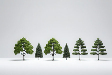 Conceptual image with green pine trees in a row against white backgroundの写真素材