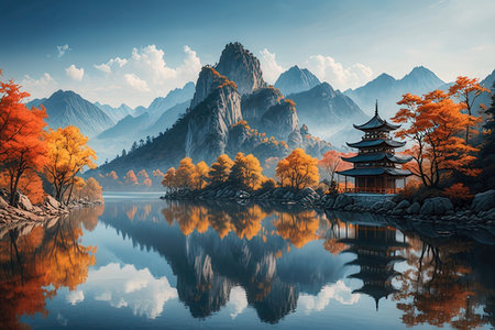 Beautiful autumn landscape with mountain lake and pagoda in China.の写真素材