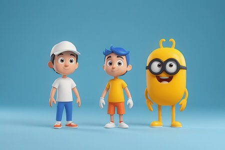 3d render of a group of children with yellow and blue themeの写真素材