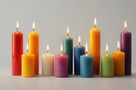 Colorful wax candles in a row on white background, close upの写真素材