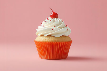 Cupcake with red cherry on pink background. Minimal style.の写真素材