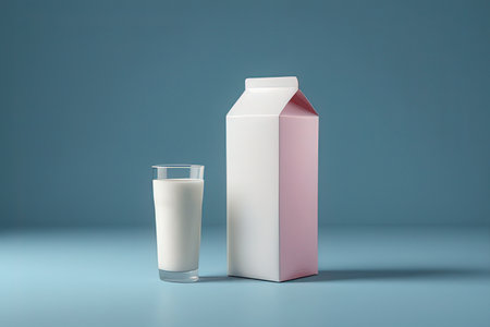 Milk box and glass on blue background. 3d rendering.の写真素材