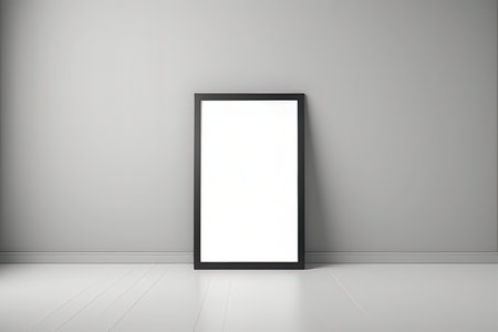 Blank picture frame leaning on a wall in empty room 3D renderingの写真素材