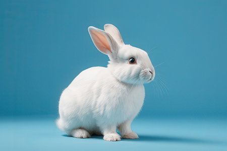 Cute white rabbit on blue background, studio shot, side viewの写真素材